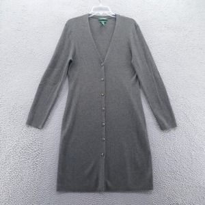Lauren Ralph Lauren Women Wool Long Cardigan Sweater XL Gray Leather Elbow Patch